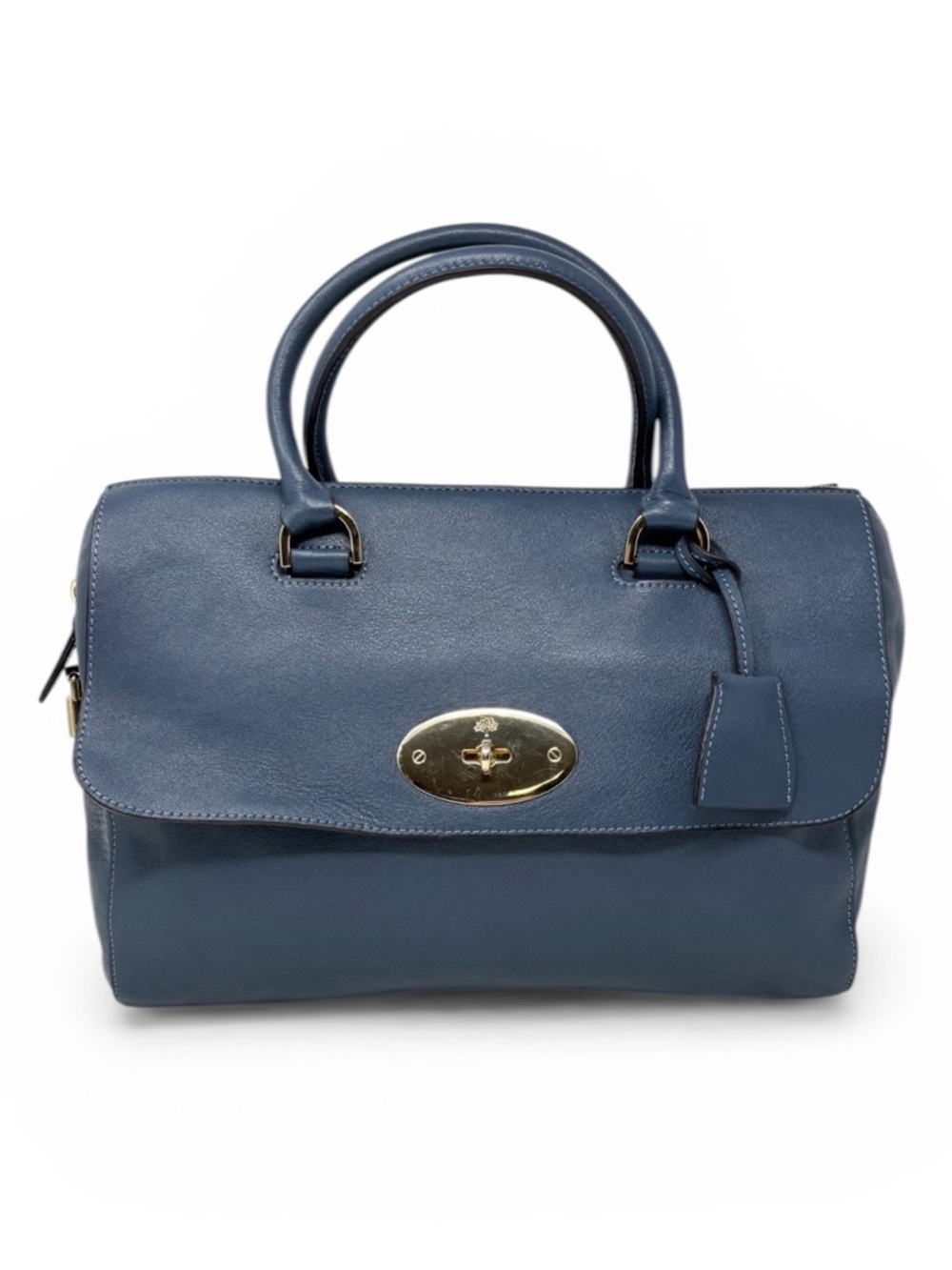 Mulberry Del Rey Slate Blue Leather Satchel Top Handle Bag Gold Hardware Medium